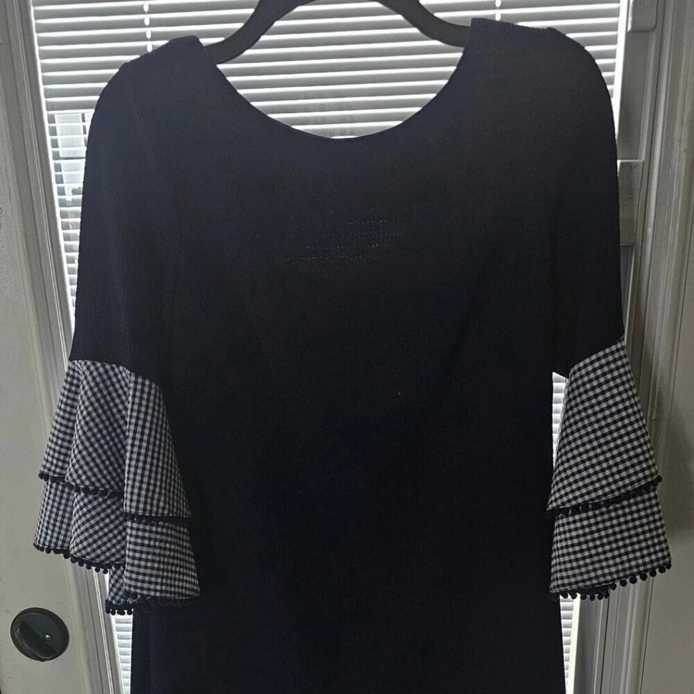Jessica J. Howard Navy Blue White Gingham Bell Sleeve Dress Size 6